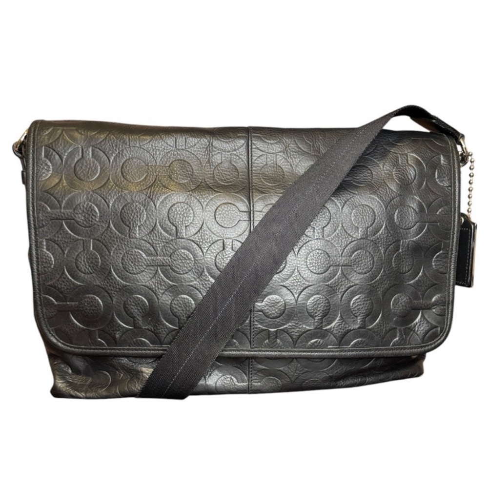 COACH 70250 Op Art Embossed Black Leather Messenger Work Laptop Bag